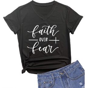 MIMOORN Womens V Neck Faith Over Fear T-Shirt Cute Summer Casual Short Sleeve Tees Tops in Kuwait