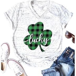 Lucky Shamrock St. Patrick's Day Irish T-Shirt Women V-Neck Plaid Print Tee Casual Short Sleeve Tops