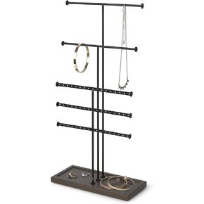 Umbra Trigem Tiered Tabletop Jewelry Organizer Freestanding Hanging Necklace, Earring and Bracelet Display, 5, Black/Walnut