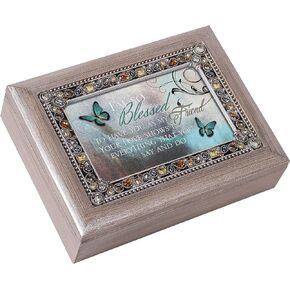 Cottage Garden Blessed to Have You as Friend Brushed Pewter Jeweled Music Box Plays Wonderful World