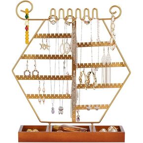 TANG SONG 1 PCS Hexagonal Earring Holder Organizer Wooden Base Matel Earring Stand Earring DisplayJewelry Organizer Stand (Gold)