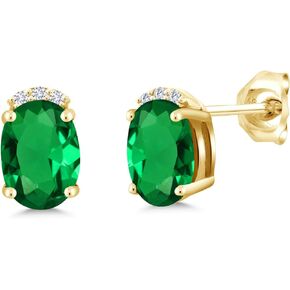 Gem Stone King 18K Yellow Gold Plated Silver Green Simulated Emerald and White Lab Grown Diamond Earrings For Women (1.26 Cttw, Oval 7X5MM)