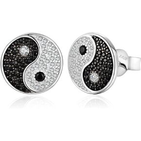 JewelryPalace Ying Yang Taichi Round Cut Genuine Black Spinel Cubic Zirconia Stud Earrings for Women, 14K White Gold Plated 925 Sterling Silver Earrings for Her, Natural Gemstone Jewelry Sets