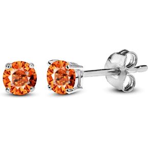 Round Orange Sapphire 925 Silver Stud Solitaire Earrings In 18K White Gold Plated