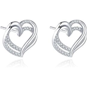 Moissanite Earrings, 18K White Gold Plated Sterling Silver D Color VVS1 Crisp and Brilliant Round Cut Lab Cut Diamond Stud Earrings, Women's Heart Studs