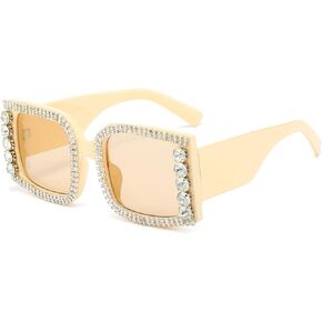 YAMEIZE Vintage Oversized Square Crystal Sunglasses - Trendy Square Frame Rhinestone Bling Sun Glasses for Women Men