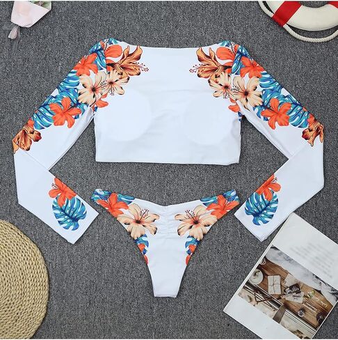 Women Long Sleeve Crop Top Two Piece Bikini Swimsuit Sets Floral Rash Guard Bathing Suit in Kuwait