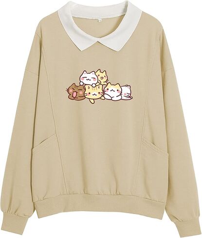 KIEKIECOO سويت شيرت لطيف على شكل قطة للفتيات في سن المراهقة سترات كبيرة الحجم جمالية Kawaii Preppy قمصان كارتونية بأكمام طويلة in Saudi Arabia
