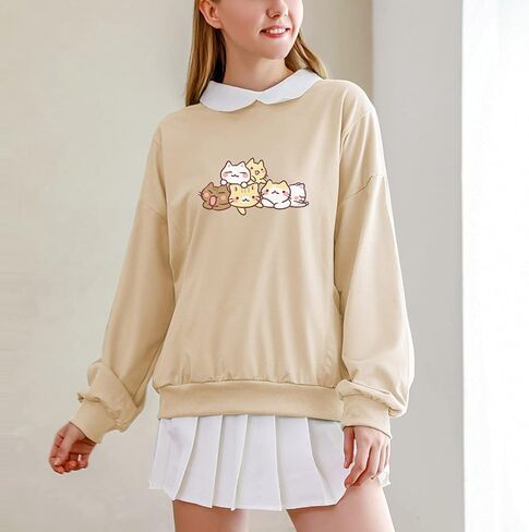 KIEKIECOO سويت شيرت لطيف على شكل قطة للفتيات في سن المراهقة سترات كبيرة الحجم جمالية Kawaii Preppy قمصان كارتونية بأكمام طويلة in Saudi Arabia
