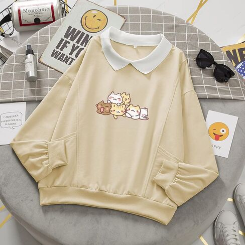 KIEKIECOO سويت شيرت لطيف على شكل قطة للفتيات في سن المراهقة سترات كبيرة الحجم جمالية Kawaii Preppy قمصان كارتونية بأكمام طويلة in Saudi Arabia