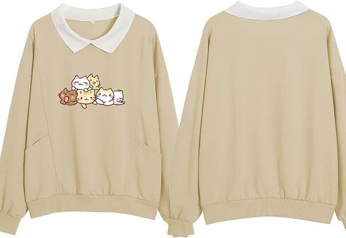 KIEKIECOO سويت شيرت لطيف على شكل قطة للفتيات في سن المراهقة سترات كبيرة الحجم جمالية Kawaii Preppy قمصان كارتونية بأكمام طويلة in Saudi Arabia