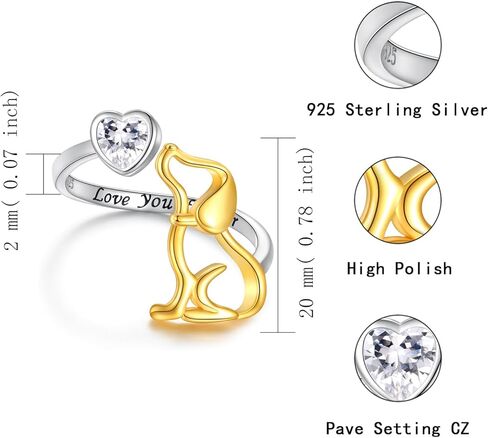 خاتم كلاب من الفضة الاسترلينية عيار 925 - خواتم على شكل قلب من الزركونيا المكعب، مجوهرات لطيفة للجراء والحيوانات الاليفة، هدايا لمحبي الحيوانات الاليفة للنساء والفتيات، فضي، زركونيا مكعب, فضة, مكعب in Kuwait