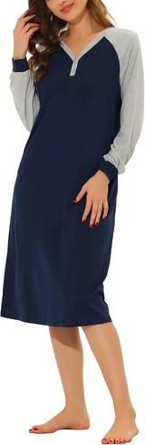 Womens Lounge Dress Sleepshirt Pajama with Pockets Henley Long Sleeves Christmas Nightgowns in Saudi Arabia