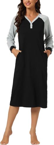 Womens Lounge Dress Sleepshirt Pajama with Pockets Henley Long Sleeves Christmas Nightgowns in Saudi Arabia