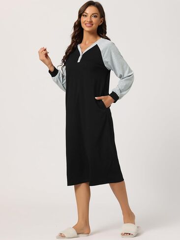 Womens Lounge Dress Sleepshirt Pajama with Pockets Henley Long Sleeves Christmas Nightgowns in Saudi Arabia