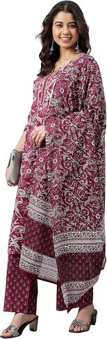 Janasya Indian Women's Wine Cotton Floral Print Kurta with Palazzo and Dupatta For Women in Saudi Arabia