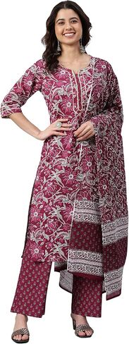 Janasya Indian Women's Wine Cotton Floral Print Kurta with Palazzo and Dupatta For Women in Saudi Arabia