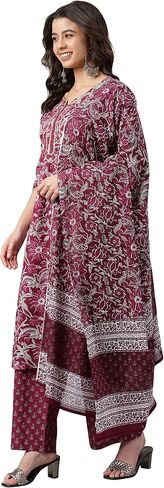 Janasya Indian Women's Wine Cotton Floral Print Kurta with Palazzo and Dupatta For Women in Saudi Arabia