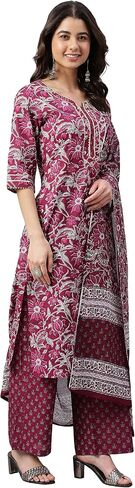 Janasya Indian Women's Wine Cotton Floral Print Kurta with Palazzo and Dupatta For Women in Saudi Arabia