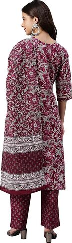 Janasya Indian Women's Wine Cotton Floral Print Kurta with Palazzo and Dupatta For Women in Saudi Arabia