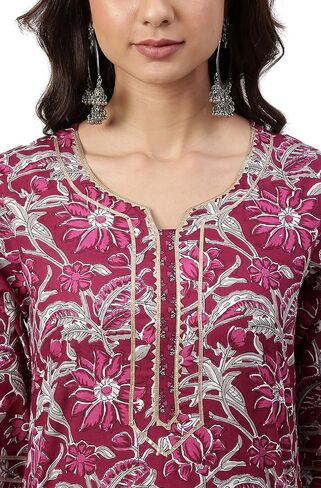 Janasya Indian Women's Wine Cotton Floral Print Kurta with Palazzo and Dupatta For Women in Saudi Arabia