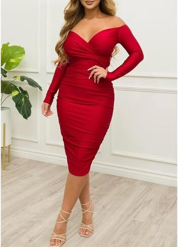 فستان Yanfoam نسائي أنيق بدون أكتاف مكشكش وأكمام قصيرة Bodycon لحفلات الكوكتيل in Kuwait