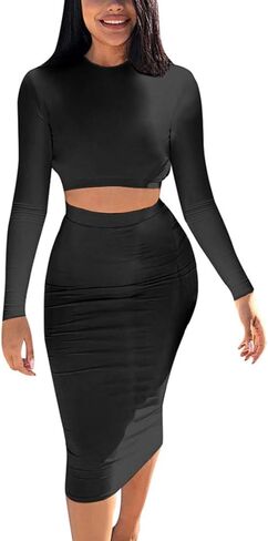 فستان Mokoru النسائي المثير المكون من قطعتين بأكمام طويلة وقميص نادي متوسط ​​الطول in Kuwait