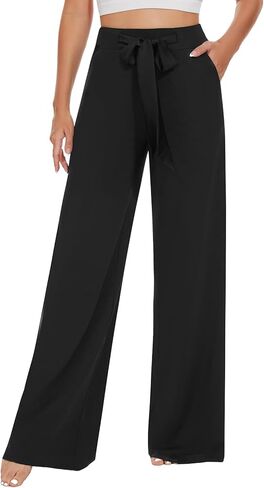 Tapata Womens Casual Loose Wide Leg Pants Tall 34" High Waisted Tie Yoga Pants with Pockets Workout Lounge Trousers, Black,M in Kuwait