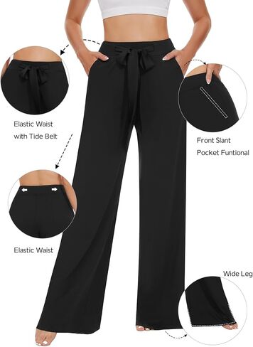 Tapata Womens Casual Loose Wide Leg Pants Tall 34" High Waisted Tie Yoga Pants with Pockets Workout Lounge Trousers, Black,M in Kuwait