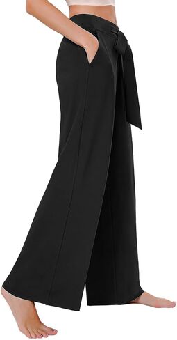 Tapata Womens Casual Loose Wide Leg Pants Tall 34" High Waisted Tie Yoga Pants with Pockets Workout Lounge Trousers, Black,M in Kuwait