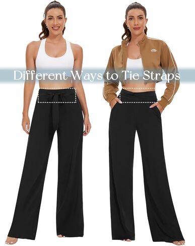 Tapata Womens Casual Loose Wide Leg Pants Tall 34" High Waisted Tie Yoga Pants with Pockets Workout Lounge Trousers, Black,M in Kuwait