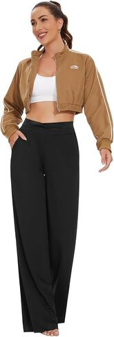 Tapata Womens Casual Loose Wide Leg Pants Tall 34" High Waisted Tie Yoga Pants with Pockets Workout Lounge Trousers, Black,M in Kuwait
