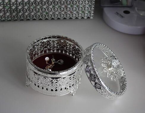 Vintage Round Jewelry Decorative Trinket Box Ring Box Antique Metal Case 4.7 inch (Shiny Silver, Small) in Saudi Arabia
