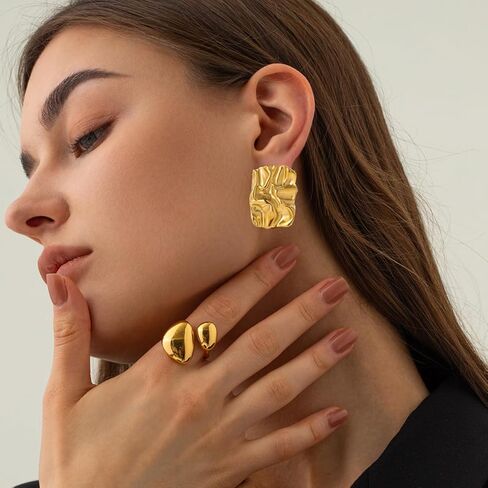 أقراط مربعة ذهبية للنساء، مجوهرات كلاسيكية عصرية مكتنزة هندسية غير منتظمة in Kuwait