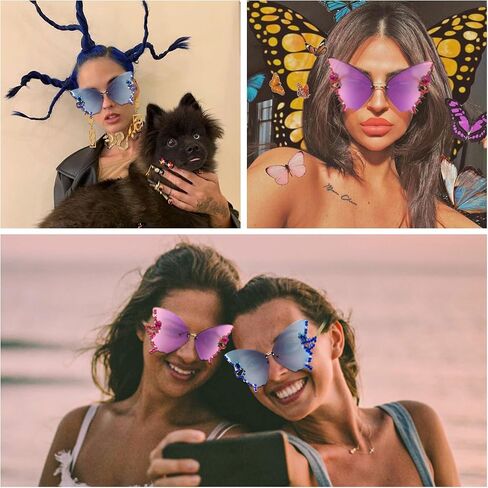 نظارة شمسية بتصميم فراشة مرصعة بالالماس من كوزي كوزي، نظارة شمسية لامعة بدون اطار للنساء - نظارات طبية باطار متدرج فينتاج بتصميم فراشة عصري للنساء، ازرق، 16 in Saudi Arabia