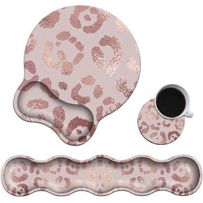 Keyboard Wrist Rest and Mouse Pad Wrist Support Set with Coasters, Pink Glitter Leopard Wrist Mouse Pad with Non-Slip PU Base for Home Computer Office Easy Typing Pain Relief