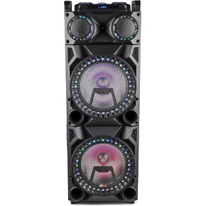 QFX PBX-1212 Bluetooth Rechargeable Dual 12" Woofer with 1" Tweeter Speaker System with Microphone Input, Guitar Input, Aux Input, USB Port, SD Card Port, TWS, Recording, FM Radio, LED Party Lights