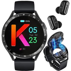 Smart Watch with Earbuds for Android iPhone, Fitness Tracker with Sleep Monitor, 2 in 1 Bluetooth Long Time Standby Sports Watch for Men Women (Black)