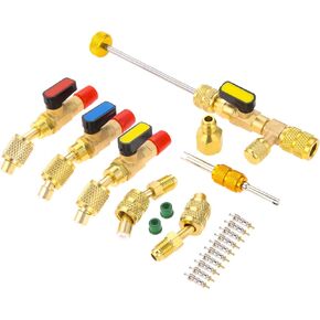 Mtsooning R410A Valve Core Remover Installer Tool with 5v1 Valve Cores and Double Head Valve Core Remover, 45° R134A Shut Valve Adapter Fits for HVAC R12 R22 R502 Charging Hoses AC Refrigerant Tools