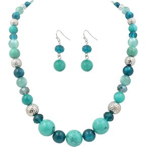 8-18mm Beads Necklace 18" Graduated Chunky Beaded Choker Necklaces with Earring Set for Women