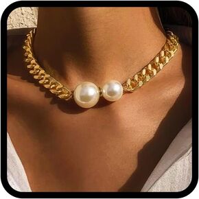 TWINKLEDE Gold Choker Necklaces for Women Pearl Pandent Cuban Link Chian Chunky Necklace