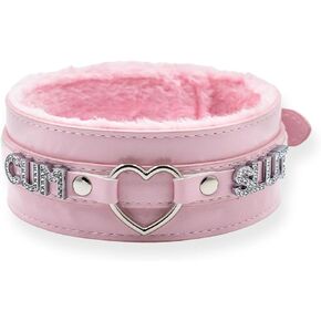Pink Furry Heart O-ring Leather Choker Collar For Women, Handmade Punk Gothic Letter Necklace Adjustable Fashion Jewerly