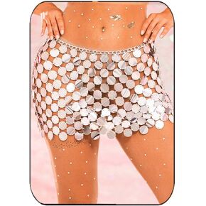 Aukmla Sparkly Sequin Chainmail Mini Skirt Silver Dots Belly Dance Hip Skirts Disco Concert Waist Chain for Women