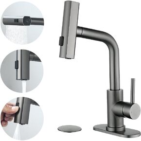 BARROCK Waterfall Bathroom Faucet with 3 Mode Pull Out Rotary Switch Sprayer, Modern Laundry Bar Sink Faucet with Deck Plate, Single Handle Stainless Steel Basin Faucets for 1 or 3 Holes, Brushed Gold