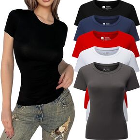 5pcs Women's Short Sleeve Slim Fit Y2K T Shirt Crew Neck Bodycon Crop Tunics Going Out Tops