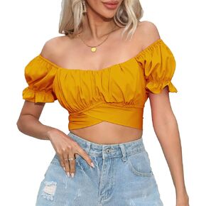 Women's Crop Tops Ruffle Short Sleeve Tie Back Summer Off Shoulder Top Blouse