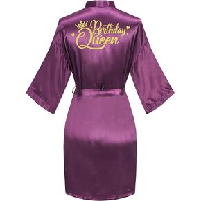 VOGUEMAX Women's Birthday Party Robe Queen Squad Silky Gold Glitter Kimono Robe Bathrobe