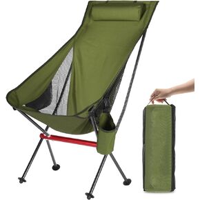 OKYUK Camping Chair, High Back Portable Folding Chair, Aircraft Grade Aluminum Alloy Structure, Built-in Pillow, Side Pocket & Carry Bag, Compact & Heavy Duty for Outdoor Backpacking (Beige)