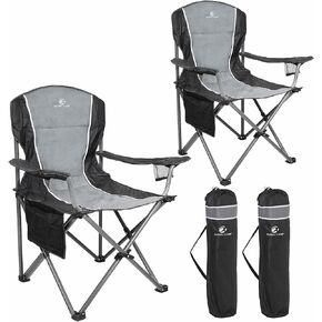 LET'S CAMP Oversized Outdoor Folding Camping Chair, Heavy Duty Arm Chair with Cup Holder and Storage Bag, 350 LBS Weight Capacity, Grey