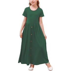 GORLYA Girl’s Modest Simple Button Casual Loose Holiday Long Maxi Dress with Pockets for 4-14Y Kids